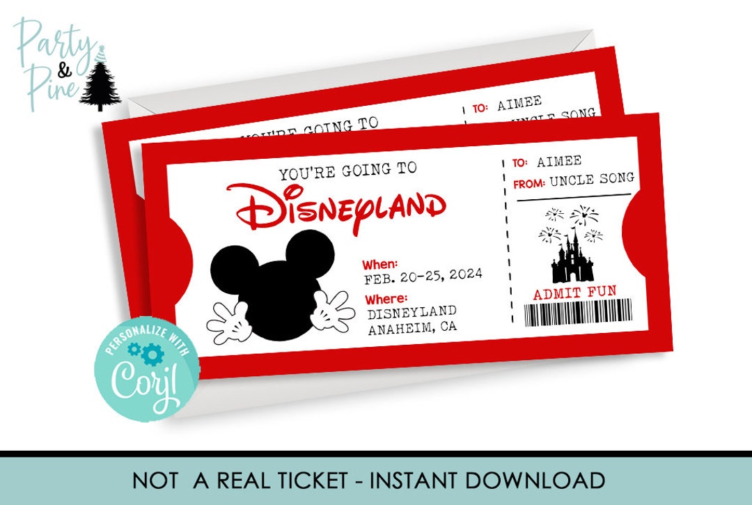 Editable Printable Ticket to Disneyland, Surprise Trip, Birthday Gift Editable Printable Ticket to Disneyland, Surprise Trip, Birthday Gift
