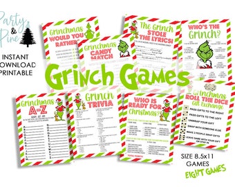 May include: A collection of eight Grinch-themed printable games, including trivia, a candy match, and a would you rather game. The designs feature the Grinch character in red, green, and white, with text like "Grinchmas" and "Who's the Grinch?" The game sheets are 8.5x11 inches.