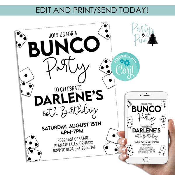 Editable Bunco Birthday Invitation Invite Digital 5x7 Template Instant Download Games Party Adult