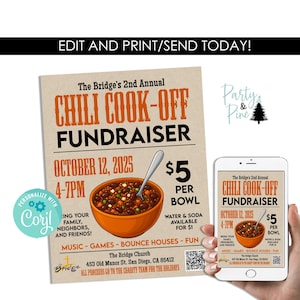 Editable Chili Cook Off Fundraiser Fall Template Flyer Digital 8.5x11 Instant Download Event