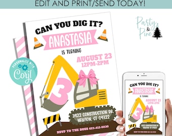Editable Construction Girls Invitation Invite Birthday Party Excavator Digital 5x7 Instant Download Template Pink