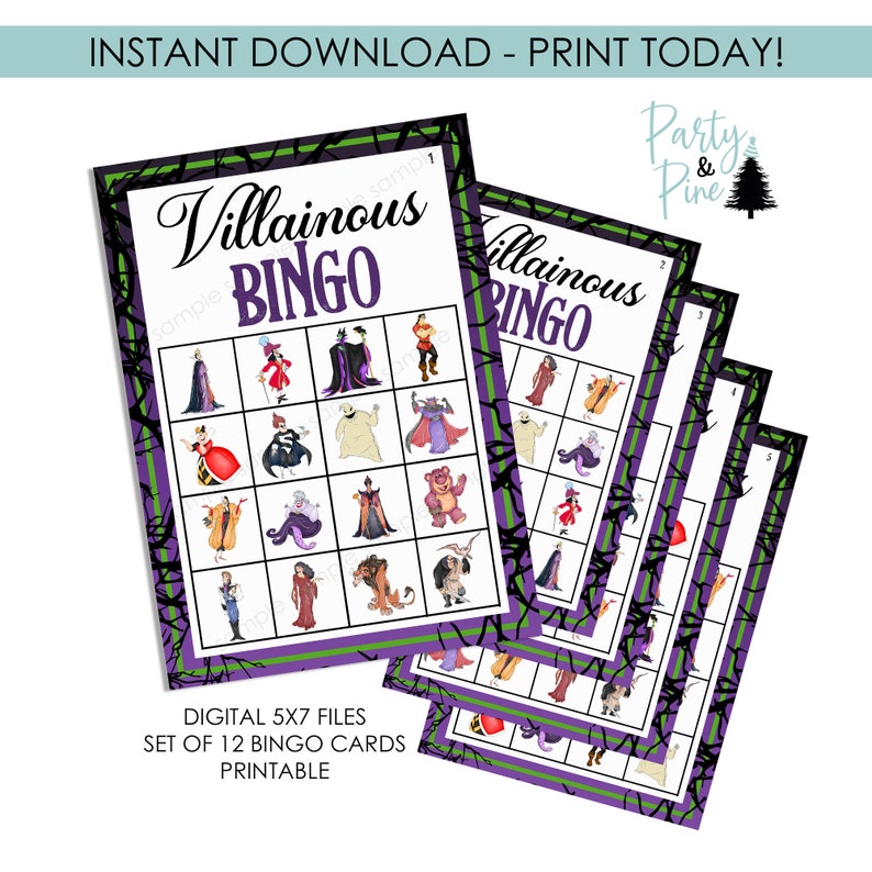 May include: A set of 12 printable Disney Villain Bingo cards. Each card features a 5x5 grid with images of various Disney villains, including Maleficent, Ursula, and Cruella de Vil. The cards are designed with a purple and green color scheme and have a spooky, Halloween-themed border.