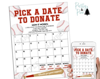 Baseball Pick a Date to Donate, INSTANT DOWNLOAD, Calendar Fundraiser, Pay the Date, Baseball Fundraiser, Printable 8.5x11