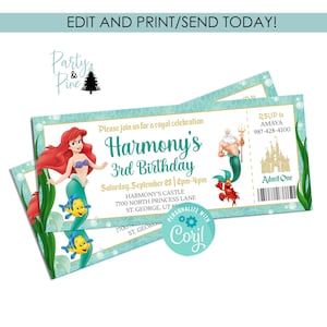 Editable Ariel Birthday Invitation Ticket Little Mermaid Invite Digital 7x3 Digital Template Instant Download Disneyland Princess Kids
