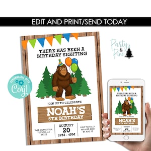 Editable Bigfoot Birthday Invite Invitation Digital 5x7 Template Instant Download Kids Party Sasquatch