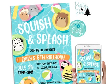 Editable Squish Pool Party Invitation Kids Birthday Party Template Digital 5x7 Instant Download Stuffed Animals