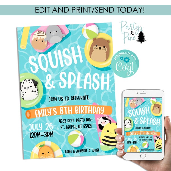 Editable Squish Pool Party Invitation Kids Birthday Party Template Digital 5x7 Instant Download Stuffed Animals