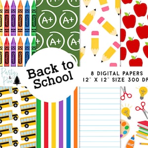 Zurück zu Schule Digitale Papiere 12x12 Sofortiger Download Kinder Bedarf Scrapbooking Handwerk Hintergründe Kunst