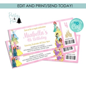 Bearbeitbare Prinzessin Ticket Geburtstagseinladung Einladen Digital 7x3 Aquarell Prinzessinnen Mädchen Rosa Vorlage Sofort Download