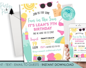 Editable Beach Birthday Invitation Invite Summer Kids Pool Party Splash Birthday ANY AGE 5x7 Digital Instant Download