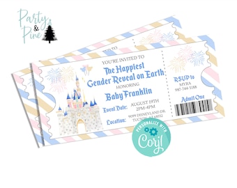 Editable Disneyland Gender Reveal Ticket Invitation Invite Digital 6.5x3 Template Pink Blue Castle Instant Download