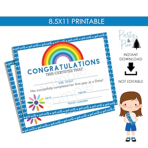 Certificato stampabile con margherite, download immediato, premio digitale 11x8,5, completamento della truppa scout femminile, 1° anno, margherite
