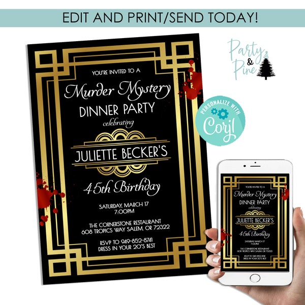 Editable Murder Mystery Invitation 20's Roaring  Party Gatsby Birthday Invite Digital 5x7 Template Instant Download