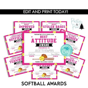 Puede incluir: Certificados de premio de softbol rosa y blanco con un gráfico de bate de béisbol y pelota. Los certificados son para "Most Improved", "Stolen Bases", "Best Attitude", "Outstanding Outfield", "Outstanding Teamwork", "Softball Slugger", "Infield", y "Miss Hustle".