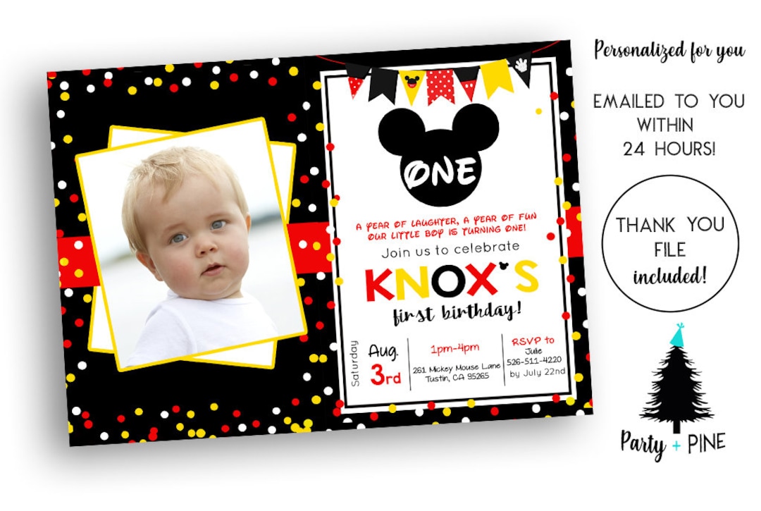 Mickey First Birthday Invitation Invite 1st Photo Mouse 5x7 Digital Red ...
