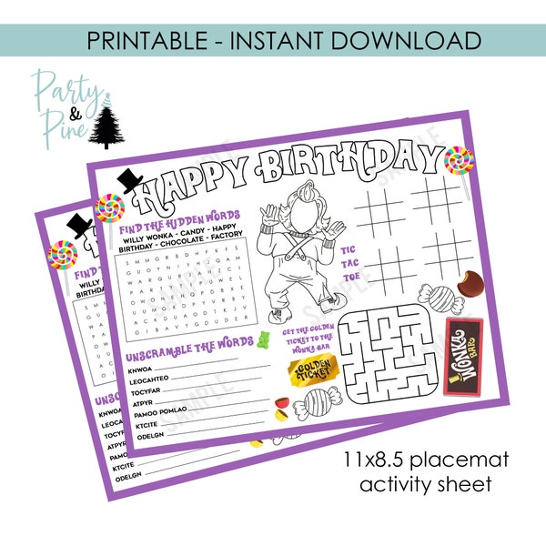 Wonka Placemat Activity Sheet Page Birthday Party Games Chocolate Factory Candy Digital Instant Download 11x8.5 Kids