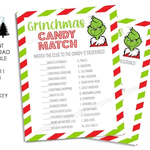 Juego navideño Grinch Candy Match 8.5x11 Descarga instantánea para imprimir digitalmente Película Fiesta navideña