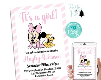 Editable Minnie Mouse Baby Shower Invitation Invite Pink Digital 5x7 Sprinkle Instant Download Template