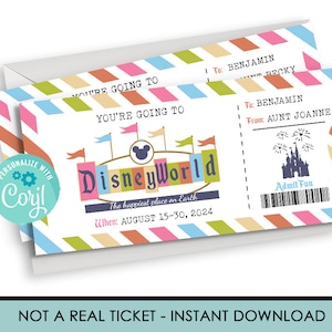 Editable Printable Ticket Disneyworld, Surprise Trip, Birthday Gift, Mickey Mouse INSTANT DOWNLOAD Vintage Template Certificate, Gift Reveal