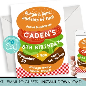 Editable Cheeseburger Invite Burger Invitation Birthday Party BBQ Picnic Kids Adult Digital 5x7 ANY AGE Hamburger Instant Download Template