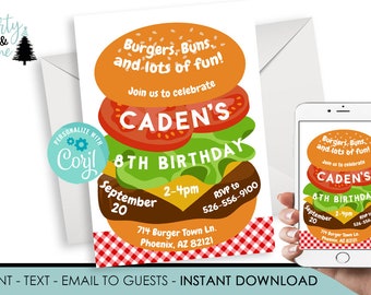 May include: A burger-themed birthday invitation with the text "Burgers, Buns, and lots of fun!" and "Join us to celebrate CADEN'S 8TH BIRTHDAY". The invitation includes the date, time, and location. A smartphone displays the same design.