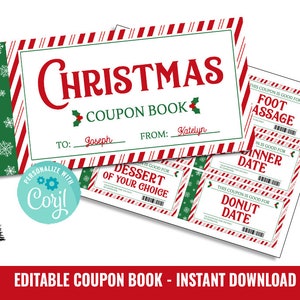 Plantilla de folleto de cupones imprimible, editable y personalizado, regalo navideño digital, descarga instantánea.