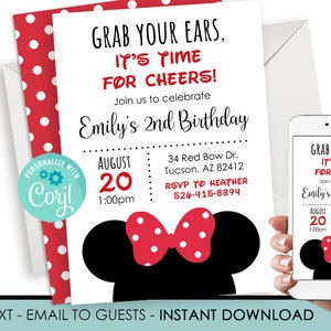 Editable Minnie Birthday Invitation Inspired Invite Digital 5x7 Mouse Red Black Polka Dot Kids Girls Instant Download