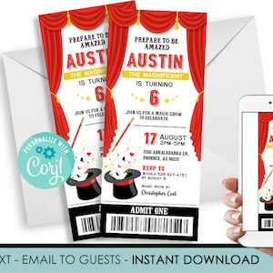 Bearbeitbare Zaubershow-Einladung Geburtstag Invite Ticket Kinder Party Magier Digital 3x7 Instant Download Vorlage