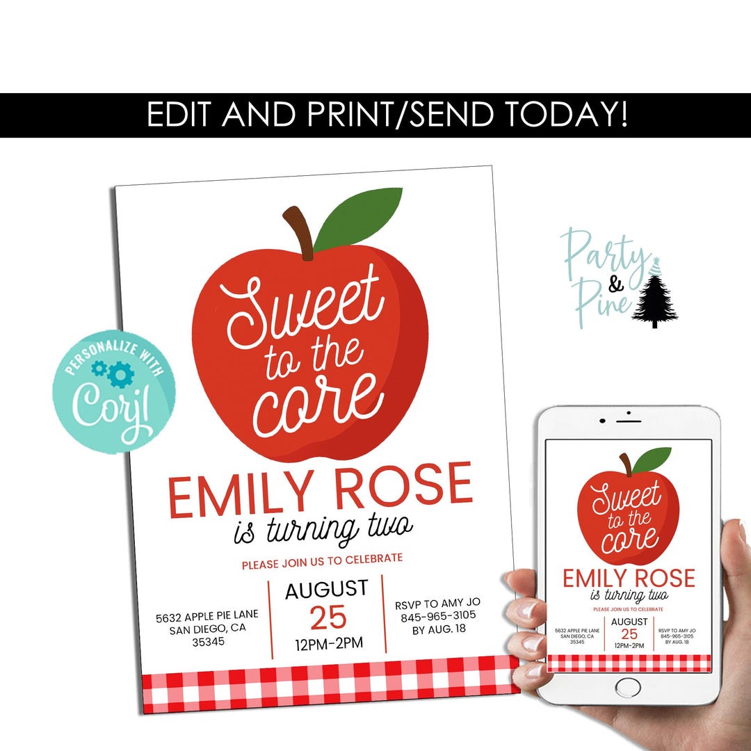 Editable Apple Birthday Invite Sweet to the Core Invitation Instant ...