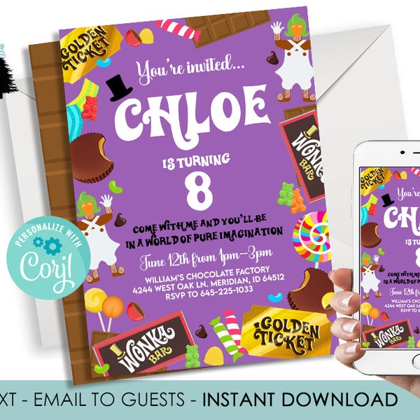 Editable Wonka Birthday Invitation Candy Invite Girls Purple Digital 5x7 Chocolate Factory Template Instant Download Party