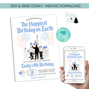 Editable Disneyland Birthday Invitation Castle Invite 5x7 Theme Park Digital Instant Download Watercolor Mickey Minnie