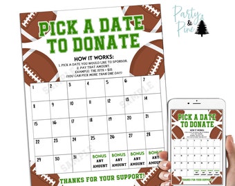 Football Pick a Date to Donate Fundraiser Calendar Sports Team Green Printable Digital 8.5x11 INSTANT DOWNLOAD