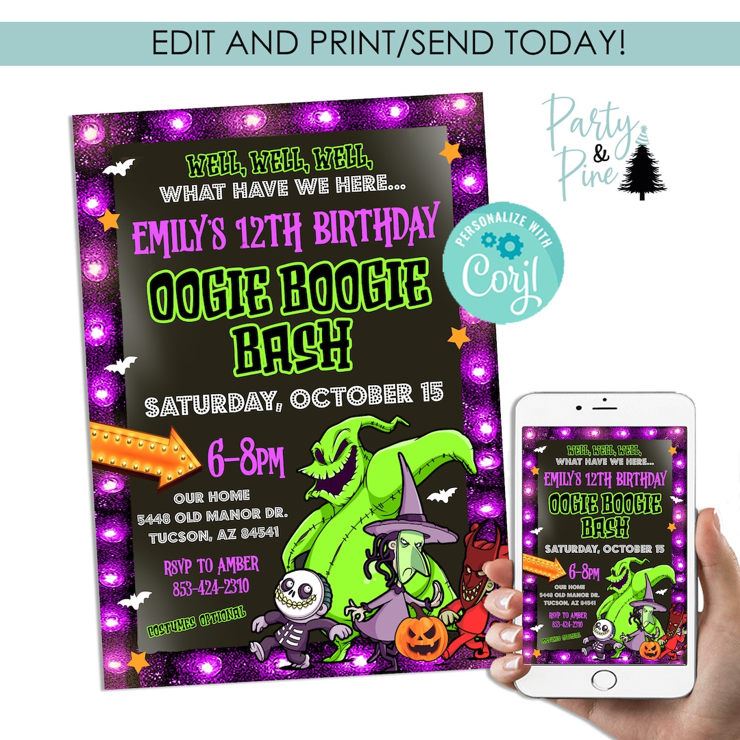 Editable Oogie Boogie Birthday Invitation Invite Digital 5x7 Halloween