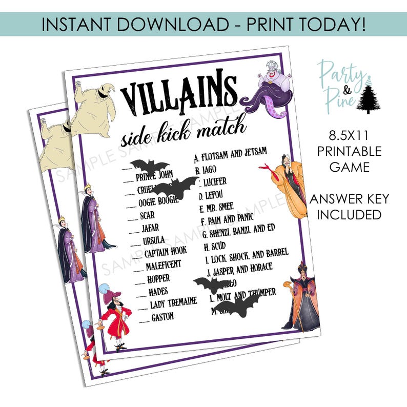 Villains Matching Game Side Kick Printable Halloween Party Games Birthday Disneyland Digital 8.5x11 Instant Download image 2