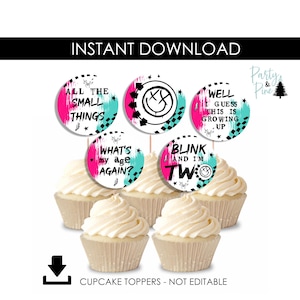 May include: Five round cupcake toppers featuring a punk-inspired design with pink and teal brushstrokes, black checkered patterns, and text including ALL THE SMALL THINGS, WELL I GUESS THIS IS GROWING UP, WHAT'S MY AGE AGAIN, and BLINK AND I'M TWO.