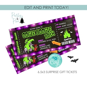以下が含まれることがあります： 「You're going to Oogie Boogie Bash」と書かれた、6.5x3インチのハロウィンチケットテンプレート。ナイトメア・ビフォア・クリスマスのウギー・ブギーがデザインされています。チケットには、日付、場所、パーソナライズされたメッセージなど、イベントの詳細が記載されています。