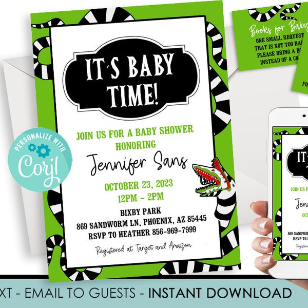 Editable Halloween Beetle Baby Shower Invitation Invite Digital Set Worm Black White 5x7 Spooky Instant Download Green