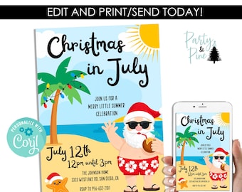 May include: A festive invitation for a "Christmas in July" celebration. The design features Santa Claus in sunglasses and swim trunks on a beach, palm trees, and the date July 12th. The invitation is also displayed on a smartphone.