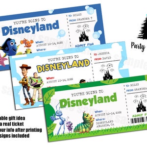 Printable Ticket to Disneyland Surprise Trip, Birthday Gift, Nemo, Bugs, Toy Story Themed ...