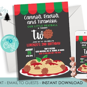 Editable Meatball 2nd Birthday Invitation Invite Digital 5x7 Spaghetti Party Kids Italian Template Instant Download