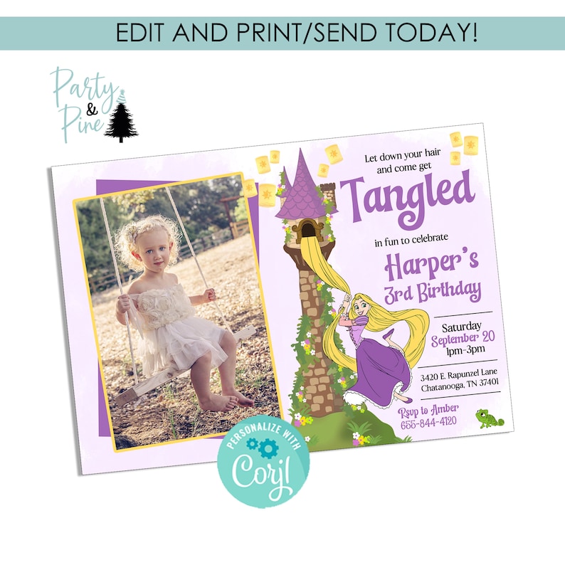 Editable Tangled Birthday Invitation Photo Invite Rapunzel Digital 7x5 ...