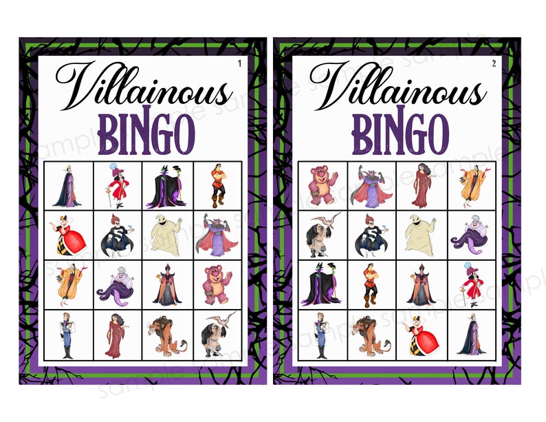 May include: Two printable bingo cards featuring Disney villains. Each card has a 5x5 grid with images of villains like Maleficent, Ursula, and Cruella de Vil. The cards are titled "Villainous Bingo".