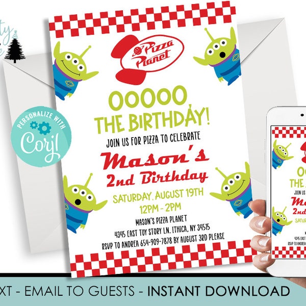 Editable Pizza Planet Birthday Invitation Toy Story 5x7 Digital Template Party Kids Instant Download Aliens