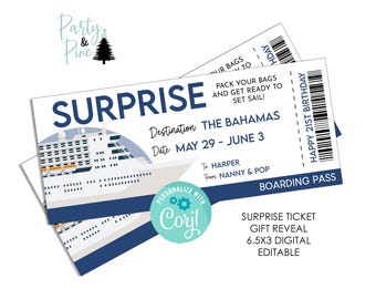 Op de afbeelding: Een blauwe en witte printbare instapkaart met de tekst "SURPRISE" en "THE BAHAMAS" met een cruise-schip illustratie. De tekst "HAPPY 21ST BIRTHDAY" staat aan de rechterkant van de instapkaart. De tekst "PERSONALIZE WITH Coryl" staat in een cirkel linksonder.