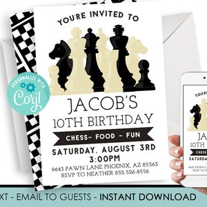 Editable Chess Birthday Invitation Invite Digital ANY AGE 5x7 Game Knight King Queen Tournament Party Instant Download Template