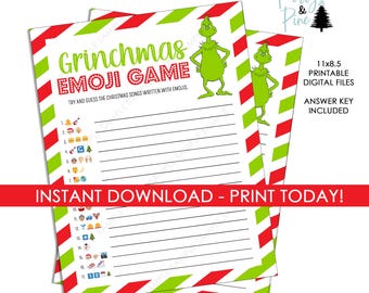 May include: Two sheets of "Grinchmas Emoji Game" printables. The design features a green and red striped border, a green Grinch character, and the text "Grinchmas Emoji Game". The sheets are 8.5 x 11 inches.