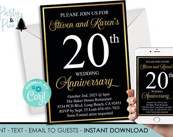 Editable Wedding Anniversary Invite Template Black Gold Invitation Instant Download Digital 5x7