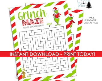 Könnte beinhalten: Zwei druckbare Labyrinthe zum Thema Grinch. Die Labyrinthe befinden sich auf weißem Papier mit rot-grünen Streifen. Der Text "Grinch MAZE" ist in Grün und Rot gehalten. Die Labyrinthe zeigen die Grinch-Figur.