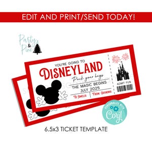 Puede incluir: Plantilla de boleto imprimible rojo y blanco con una silueta negra de Mickey Mouse. El boleto dice "Vas a Disneyland. Haz las maletas. La magia comienza en julio de 2025. Para: Amelia De: Abuela".