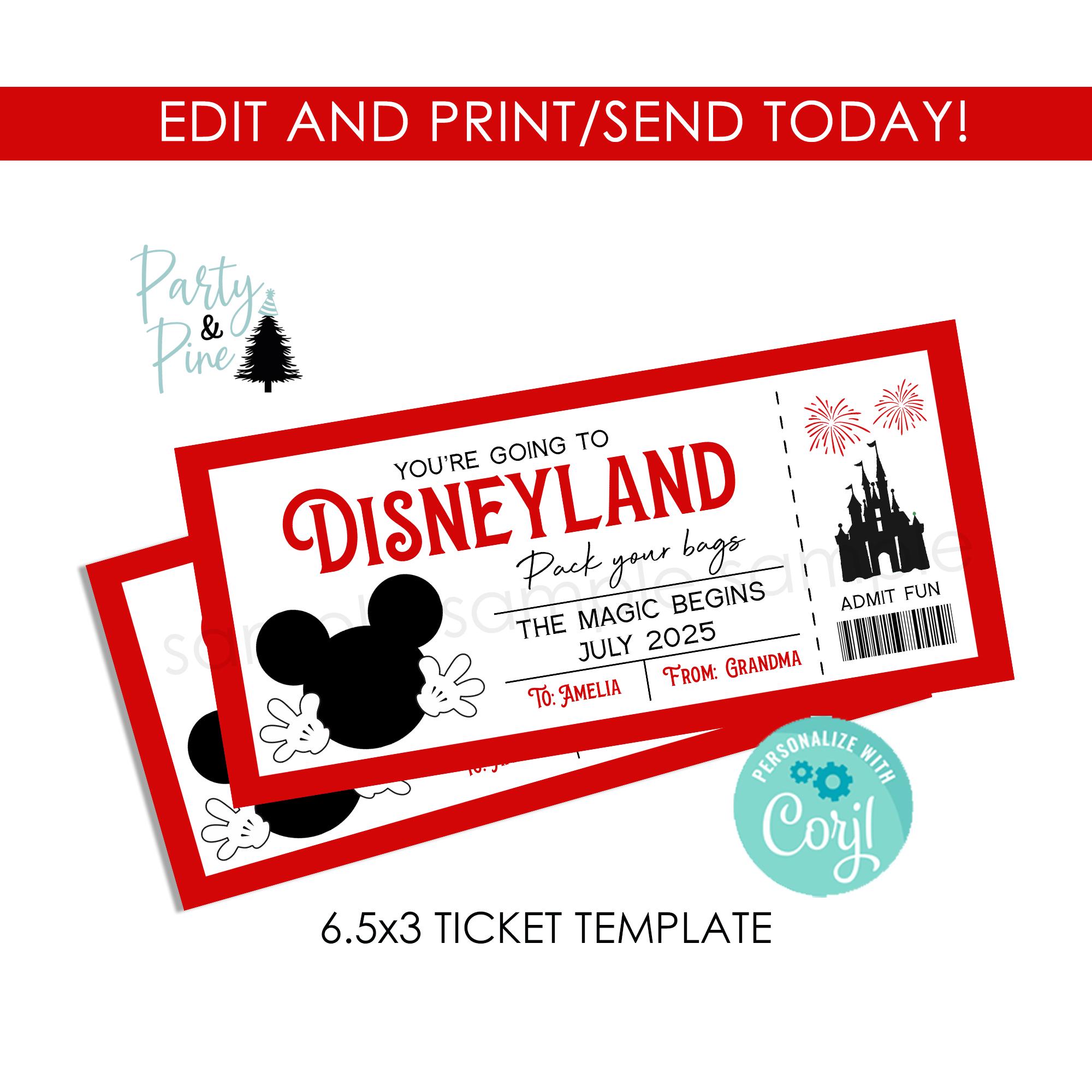 Editable Printable Ticket to Disneyland, Surprise Trip, Birthday Gift, Mickey Mouse INSTANT DOWNLOAD Template